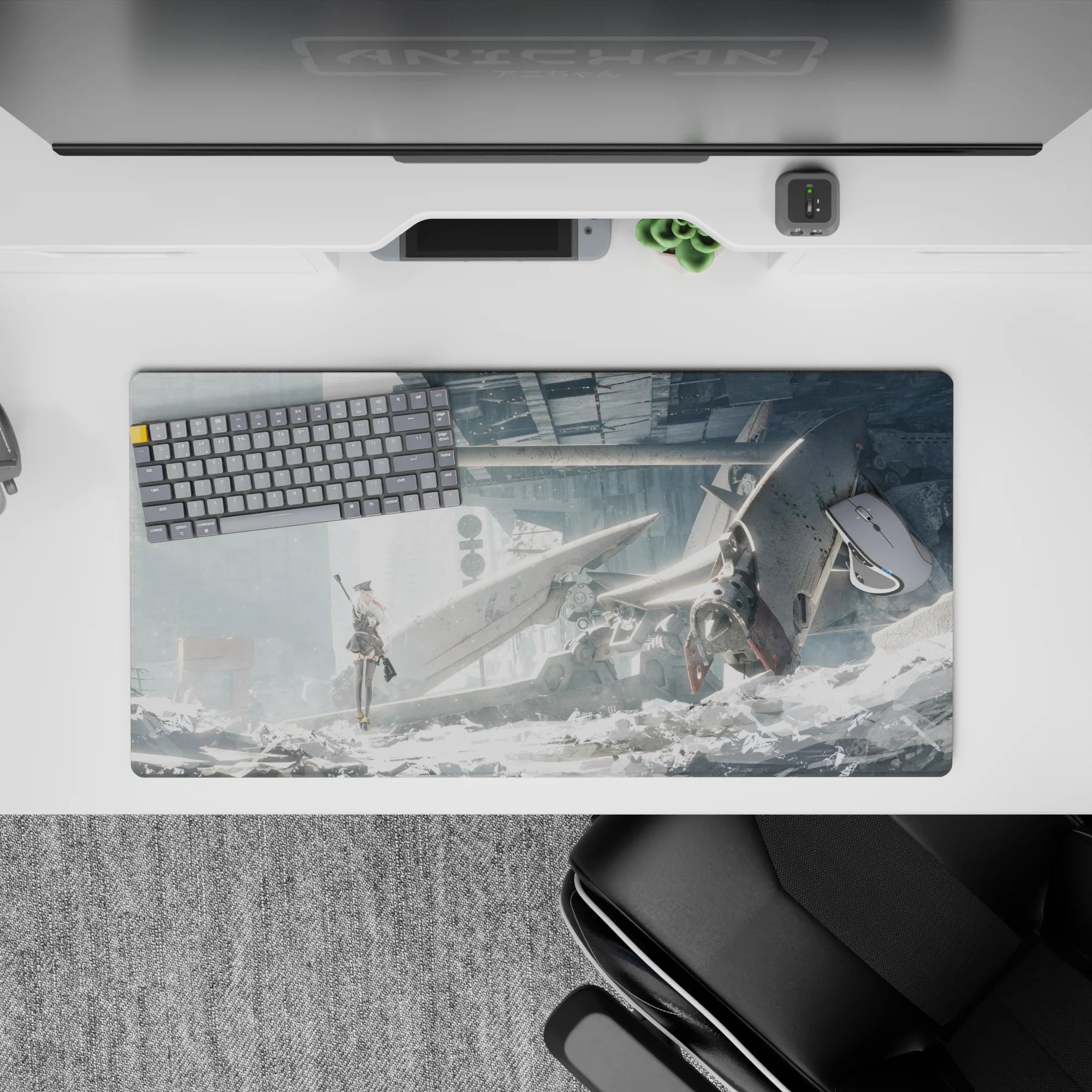 32x16 inches anime desk mouse pad in cold whites and misty greys, red ribbon accent, calm gritty mood.