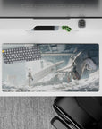 32x16 inches anime desk mouse pad in cold whites and misty greys, red ribbon accent, calm gritty mood.