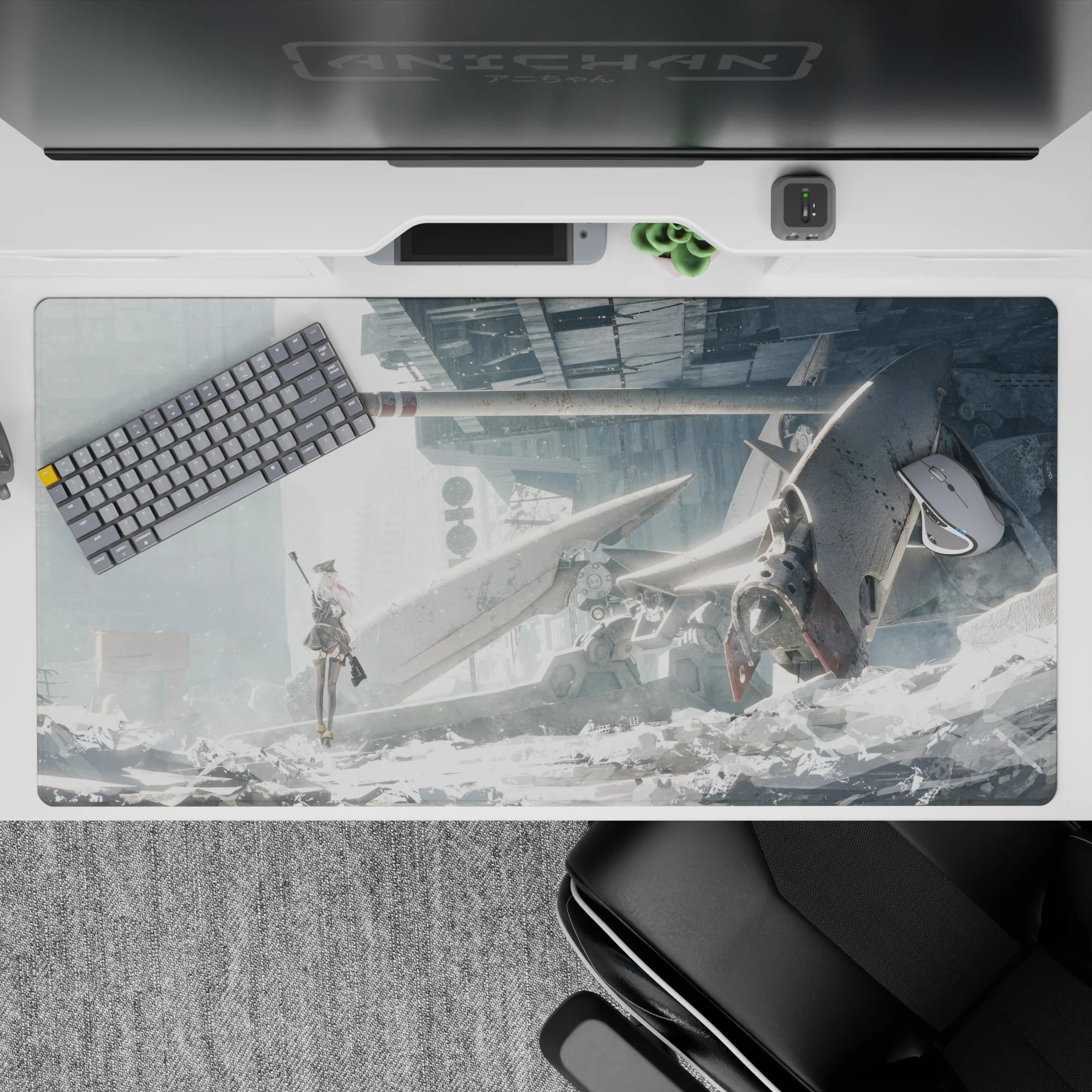 Cold white and misty grey anime desk pad 40x20 inches with red ribbon accent and calm brave vibe.