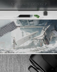 Cold white and misty grey anime desk pad 40x20 inches with red ribbon accent and calm brave vibe.
