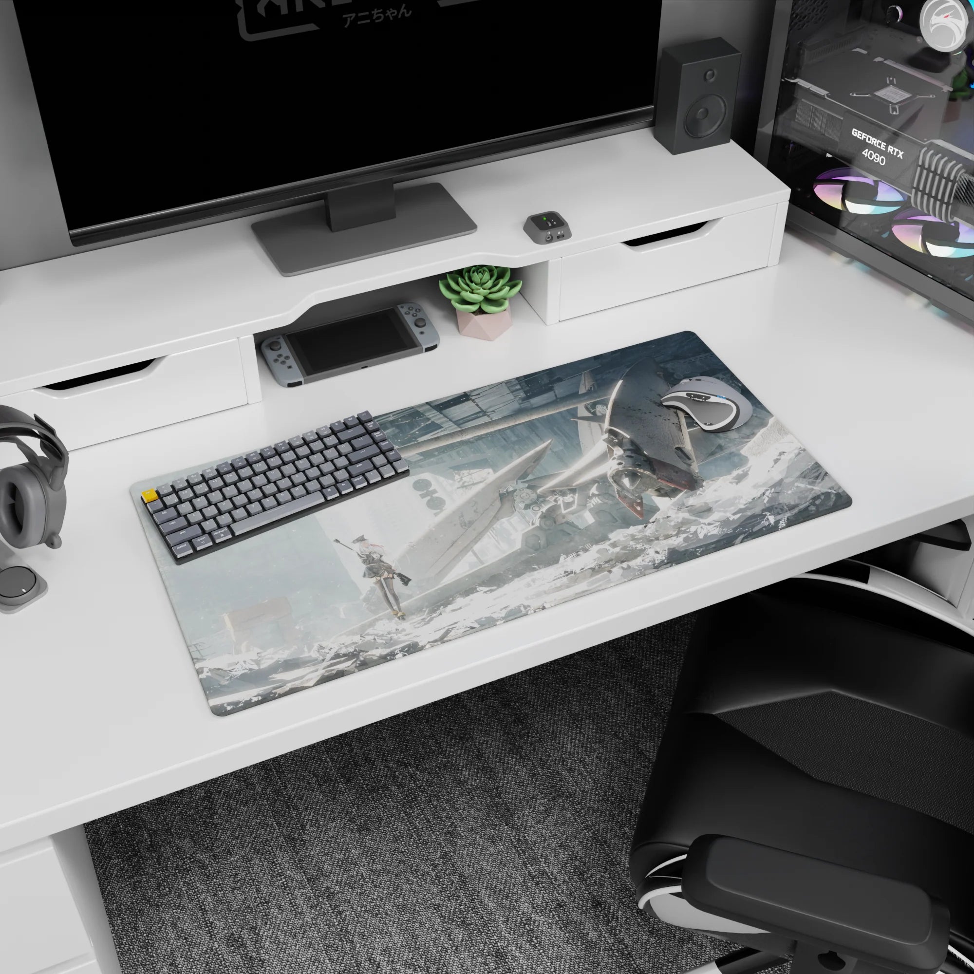 32x16 inches mouse pad showing lone anime girl in sleek uniform with red ribbon, rifle by her boots in dust.