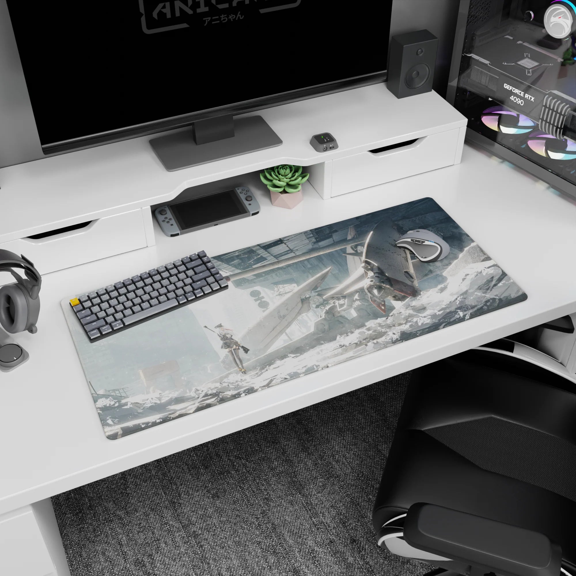 Anime girl desk pad 36x16 inches showing calm rifle girl in sleek uniform amid dust and wrecked mech.