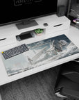 Anime girl desk pad 36x16 inches showing calm rifle girl in sleek uniform amid dust and wrecked mech.