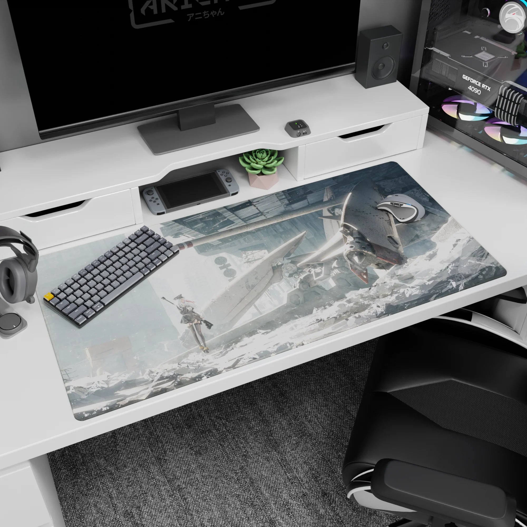Anime girl with rifle and red ribbon in shattered sci-fi city desk pad 40x20 inches, dust sparkling.
