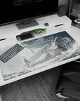 Anime girl with rifle and red ribbon in shattered sci-fi city desk pad 40x20 inches, dust sparkling.