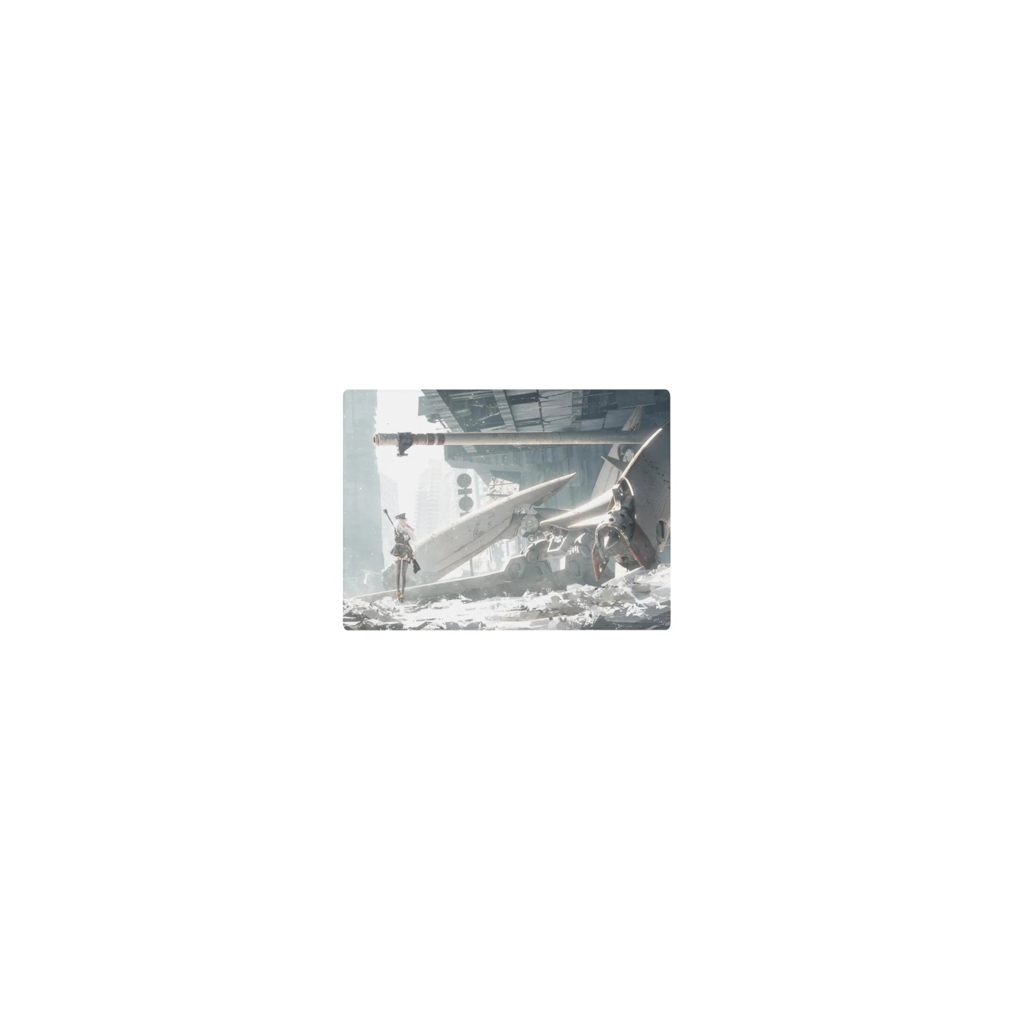 14x10 inches anime girl mouse pad with sci-fi ruined city, fallen mech, jagged metal wings, rifle pose.