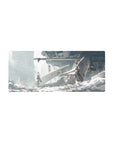 28x12 inches anime girl mouse pad with ruined sci‑fi city backdrop, fallen mech, and jagged metal wings.
