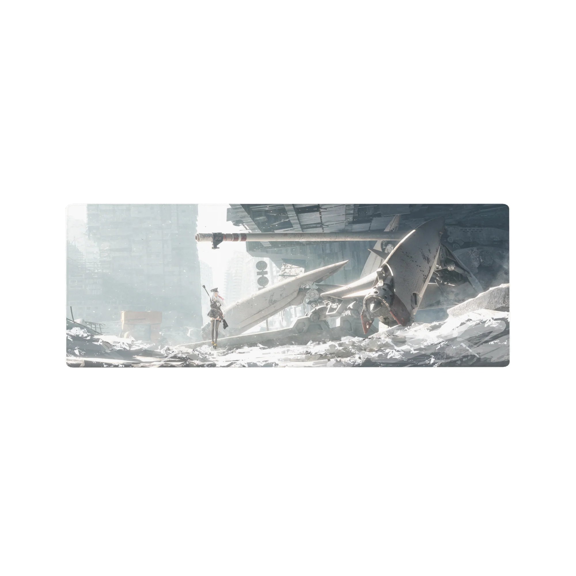 32x12 inches anime girl mouse pad with sci-fi ruin city, fallen mech, jagged metal wings, rifle stance.
