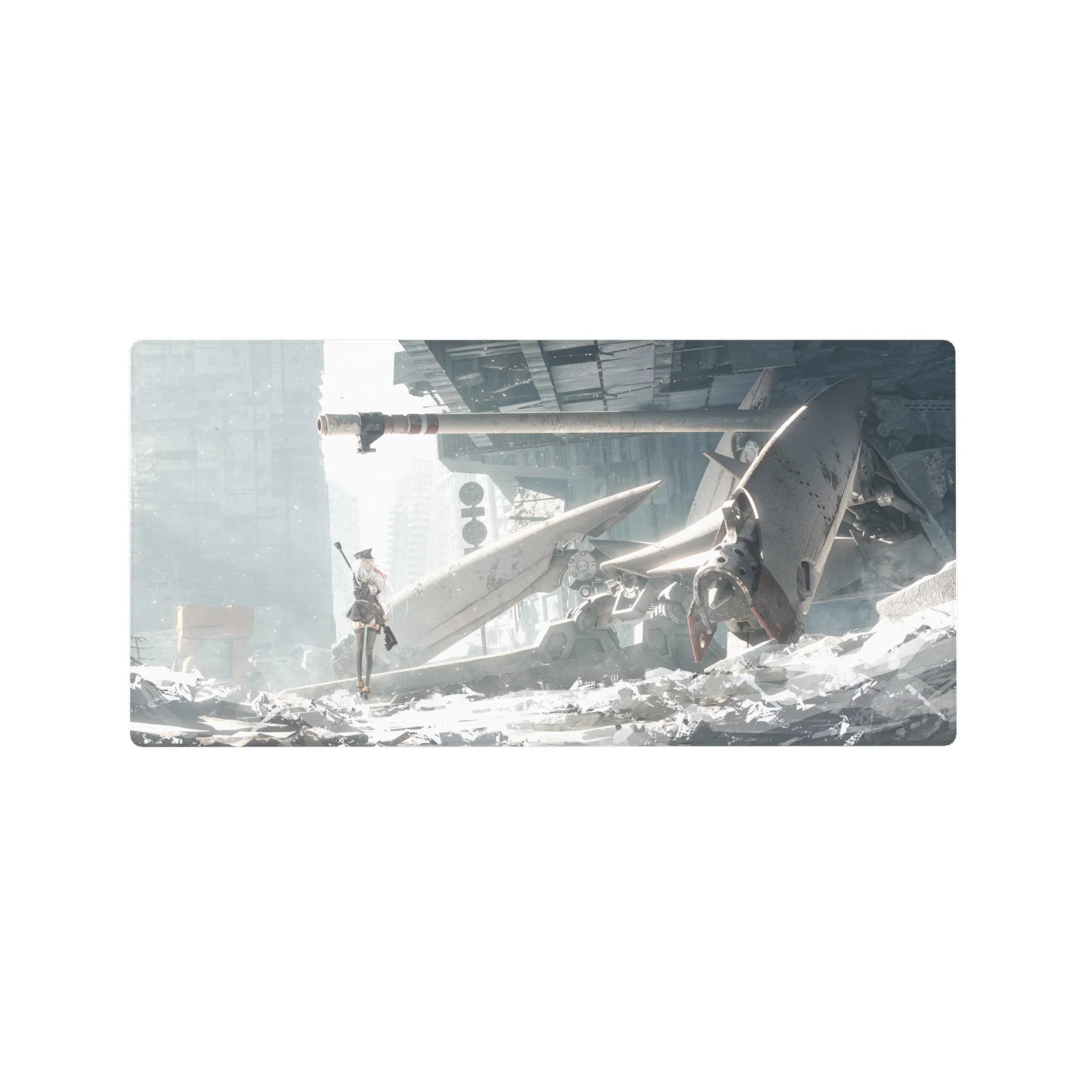 32x16 inches anime girl mouse pad with ruined sci-fi city, fallen mech, jagged metal wings, rifle pose.