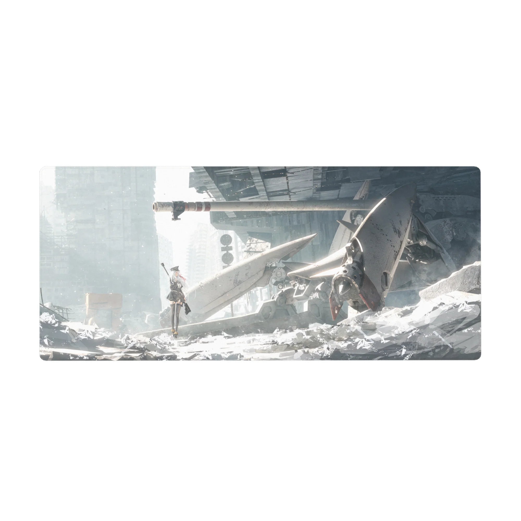 Anime girl desk pad 36x16 inches with shattered sci-fi city, fallen mech, and jagged metal wings.