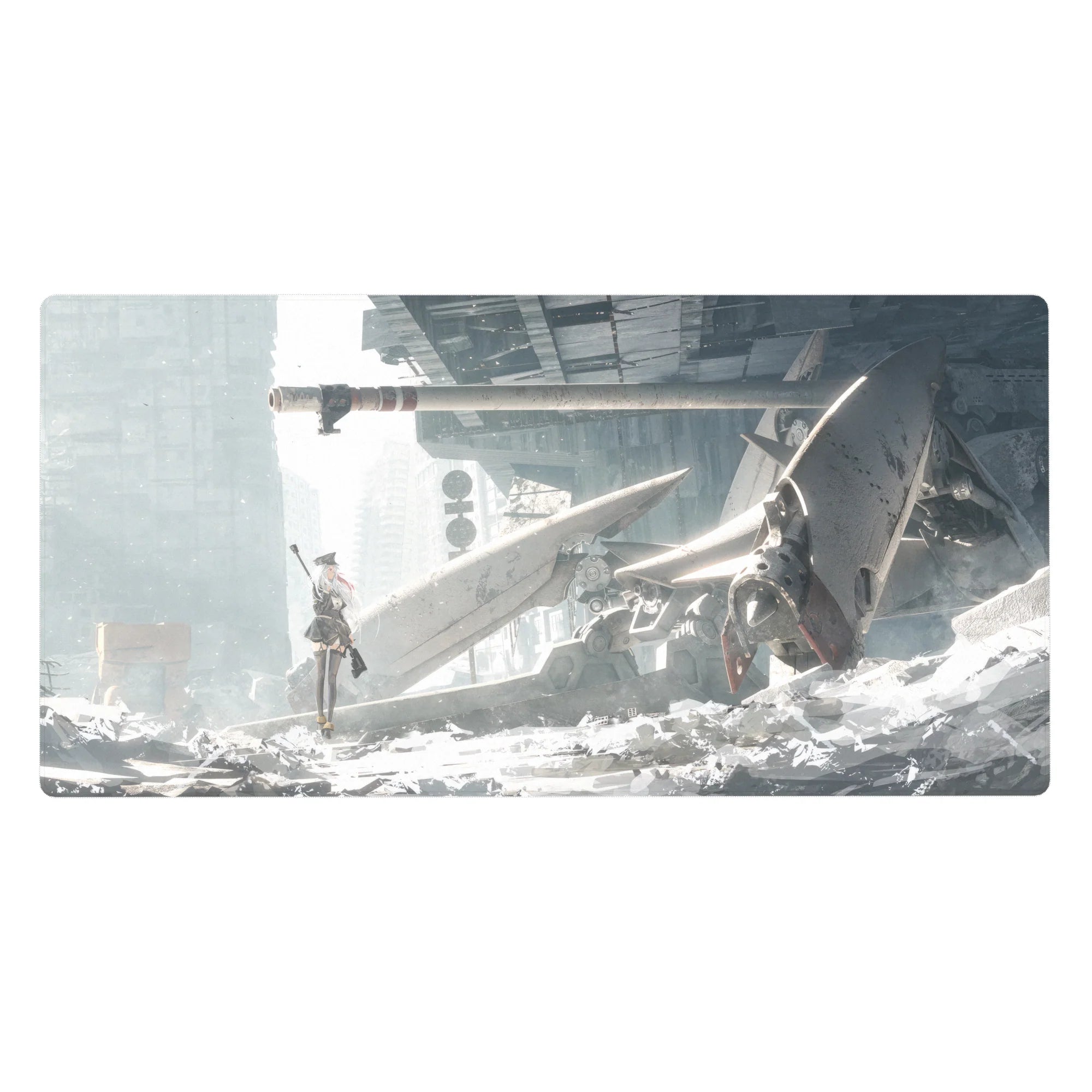 Anime girl desk pad 40x20 inches with ruined sci-fi city, fallen mech, and jagged metal wings.