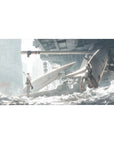 Anime girl desk pad 40x20 inches with ruined sci-fi city, fallen mech, and jagged metal wings.