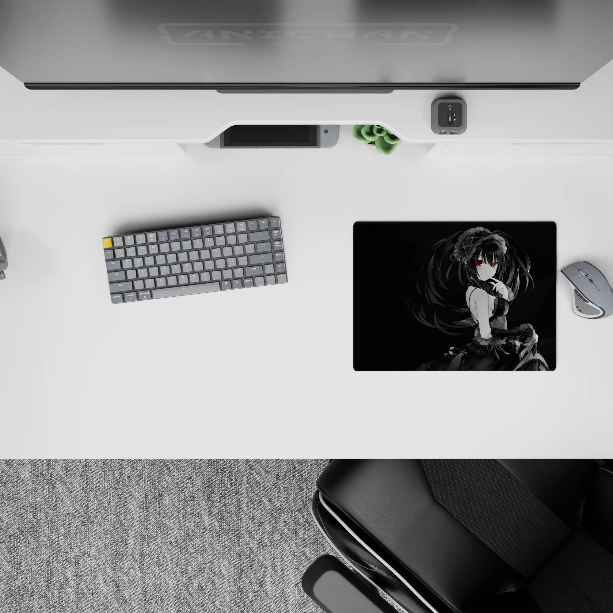 Dark gothic anime mouse pad 14x10 inches, smoky black backdrop with a single glowing red eye for moody flair.