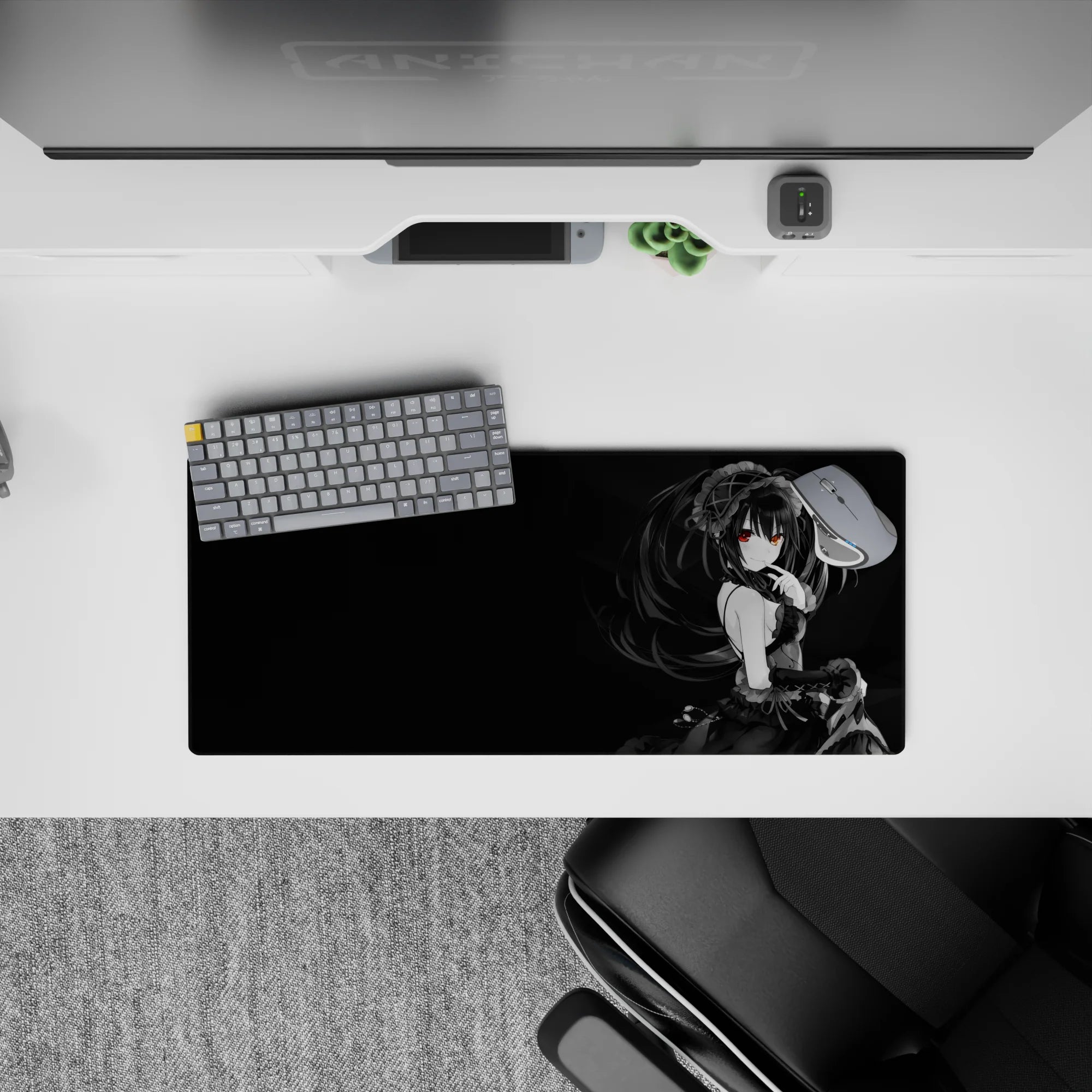 Dark smoky black anime mouse pad 28x12 inches with one glowing red eye and classy mischievous vibe.