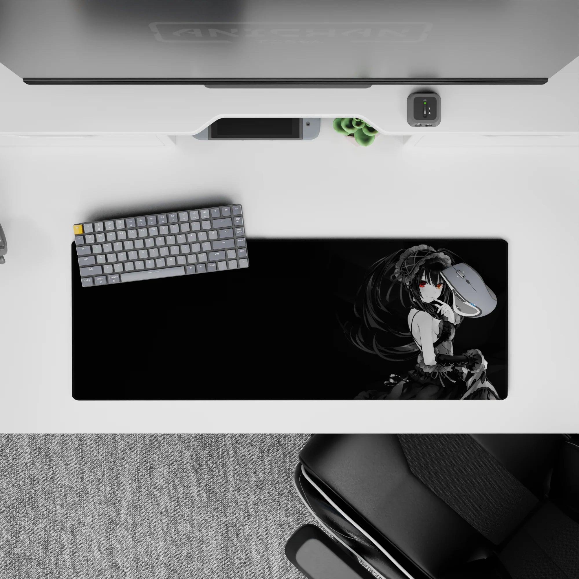 Dark smoky black 32x12 inches anime mouse pad with one glowing red eye, moody gothic vibe.