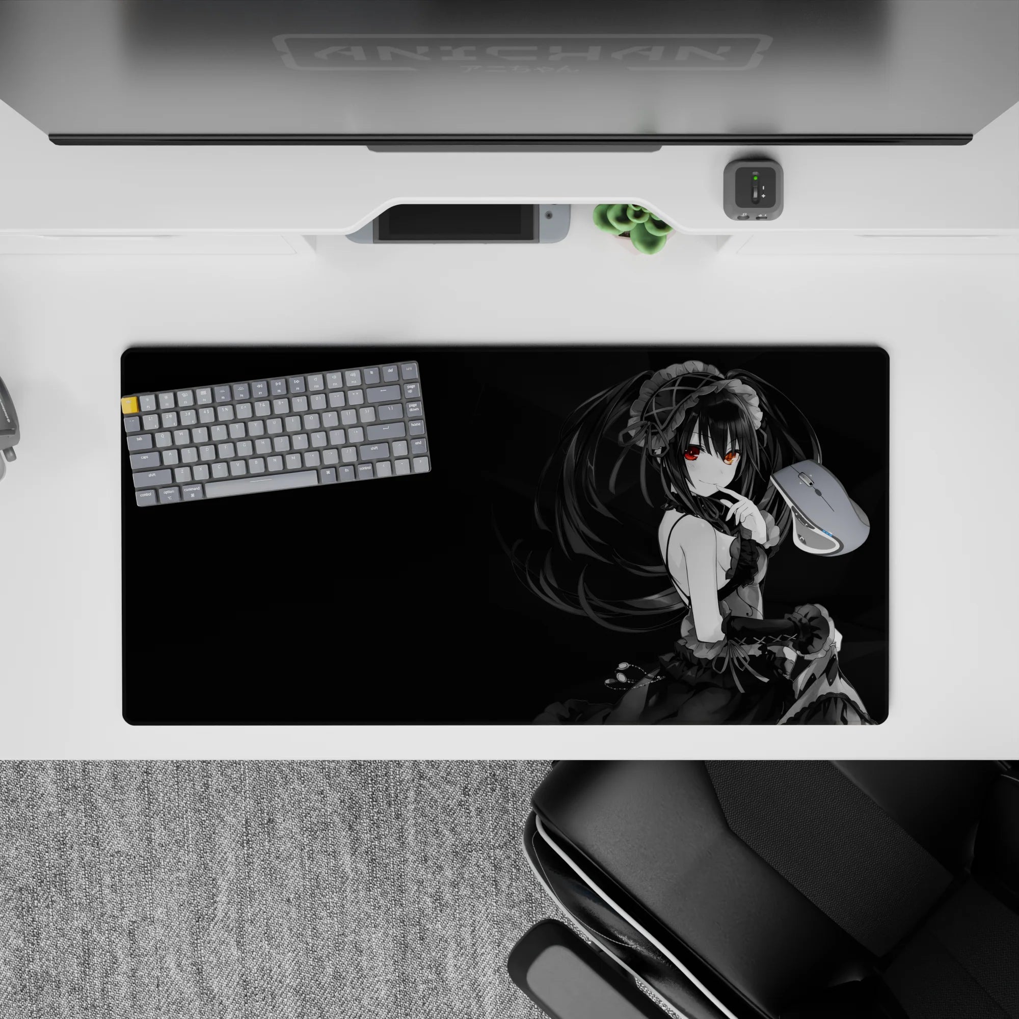 32x16 inches dark smoky black anime mouse pad with a glowing red eye, moody gothic desk aesthetic.