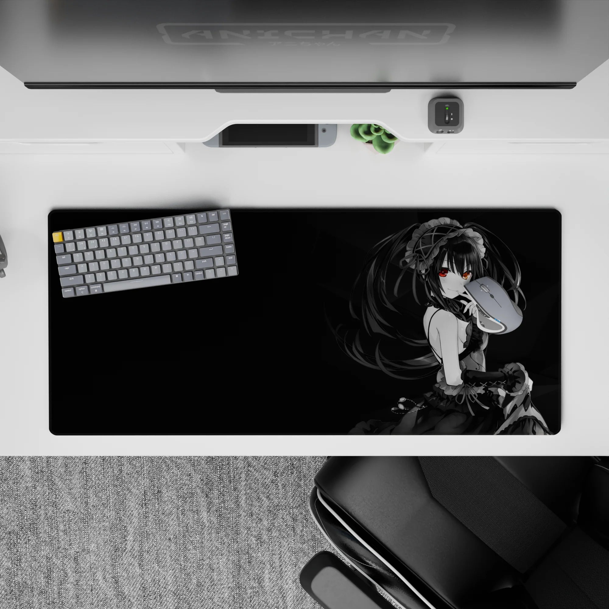 Dark smoky black anime desk pad 36x16 inches with a single glowing red eye and classy gothic vibe.