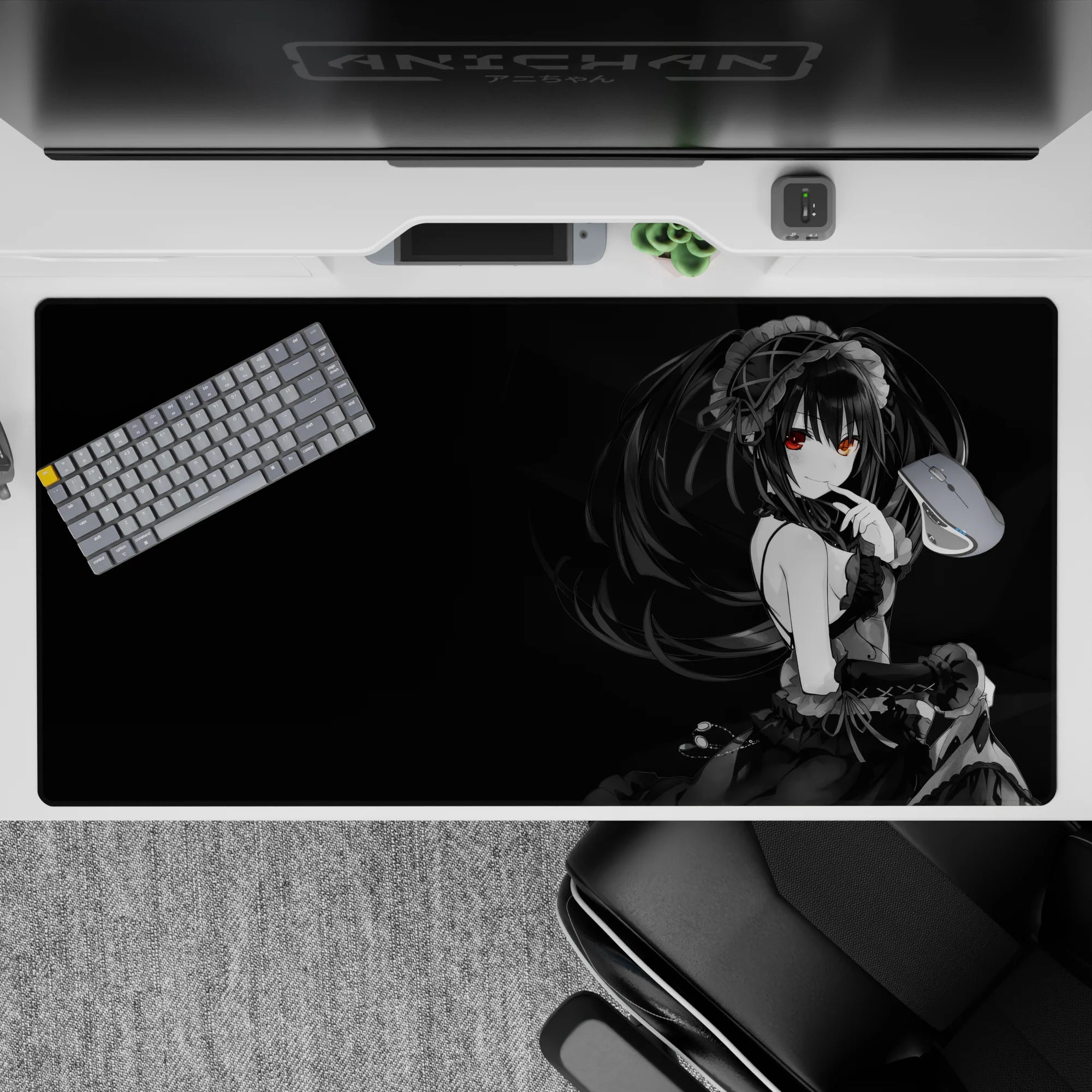 Dark smoky black anime desk pad with glowing red eye accents and elegant gothic vibes, 40x20 inches.