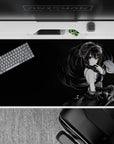 Dark smoky black anime desk pad with glowing red eye accents and elegant gothic vibes, 40x20 inches.