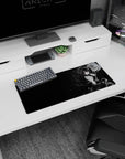Anime girl shushing pose desk mouse pad 28x12 inches, finger to lips with ribbons and gothic elegance.