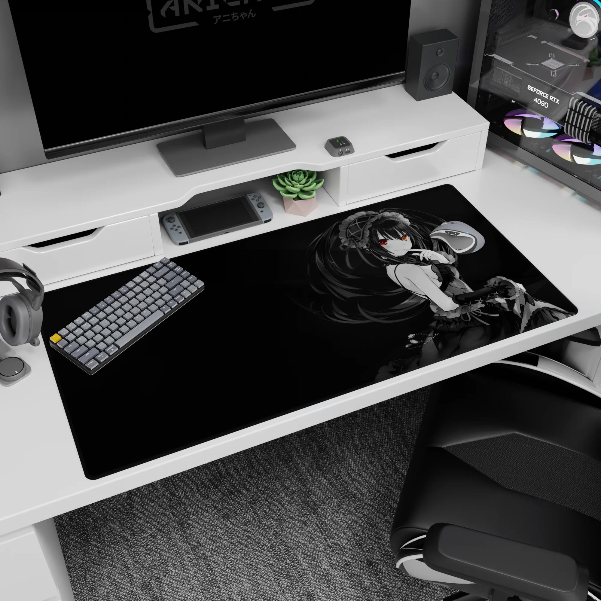 Anime gothic girl with finger-to-lips shh gesture, ruffled dress and ribbons on desk pad, 40x20 inches.