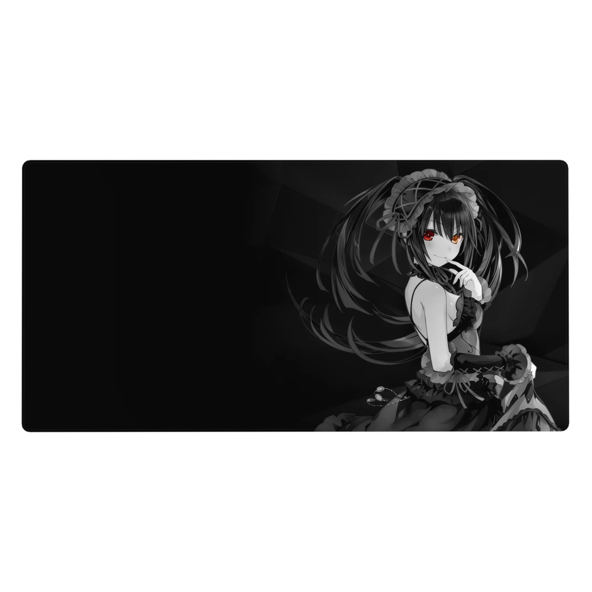 Gothic anime girl desk pad with twin-tail hair, lace headpiece, and shh pose, 40x20 inches.