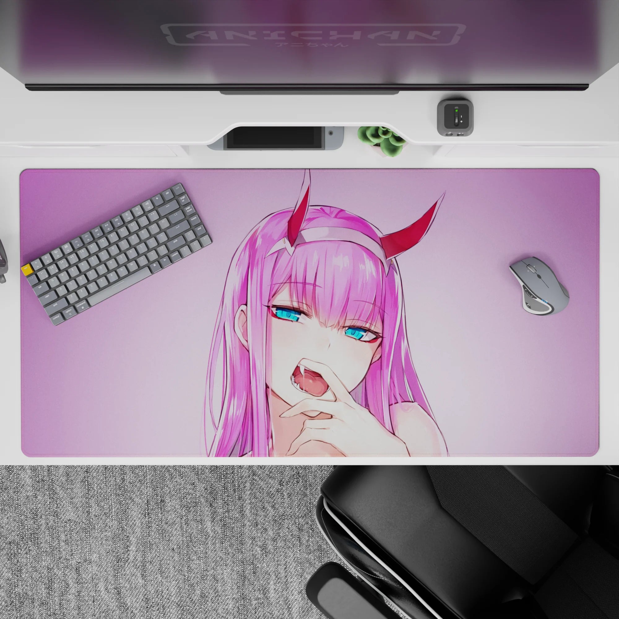 40x20 inches mouse pad with anime design, showcasing violet-pink glow and captivating smirk for a bold, playful statement piece.