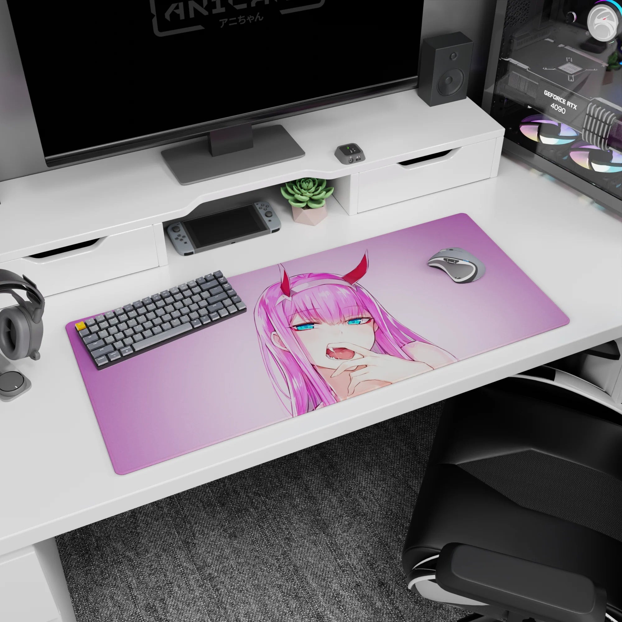 Artistic 36x16 inches mouse pad featuring anime design, with violet-pink glow and smirk for a captivating and striking look.