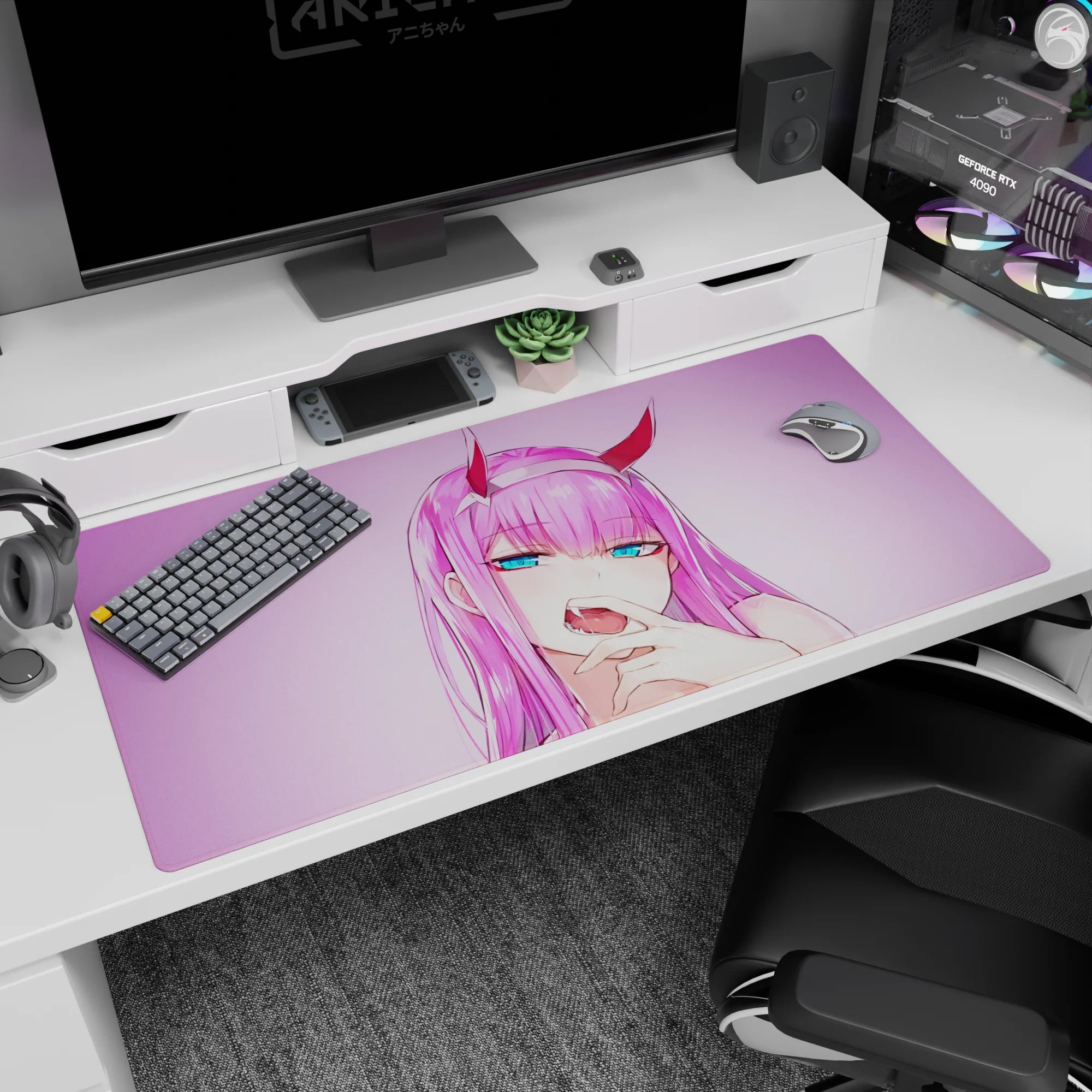 Large 40x20 inches mouse pad featuring anime design, with violet-pink glow and smirk for a striking, playful, and rebellious look.