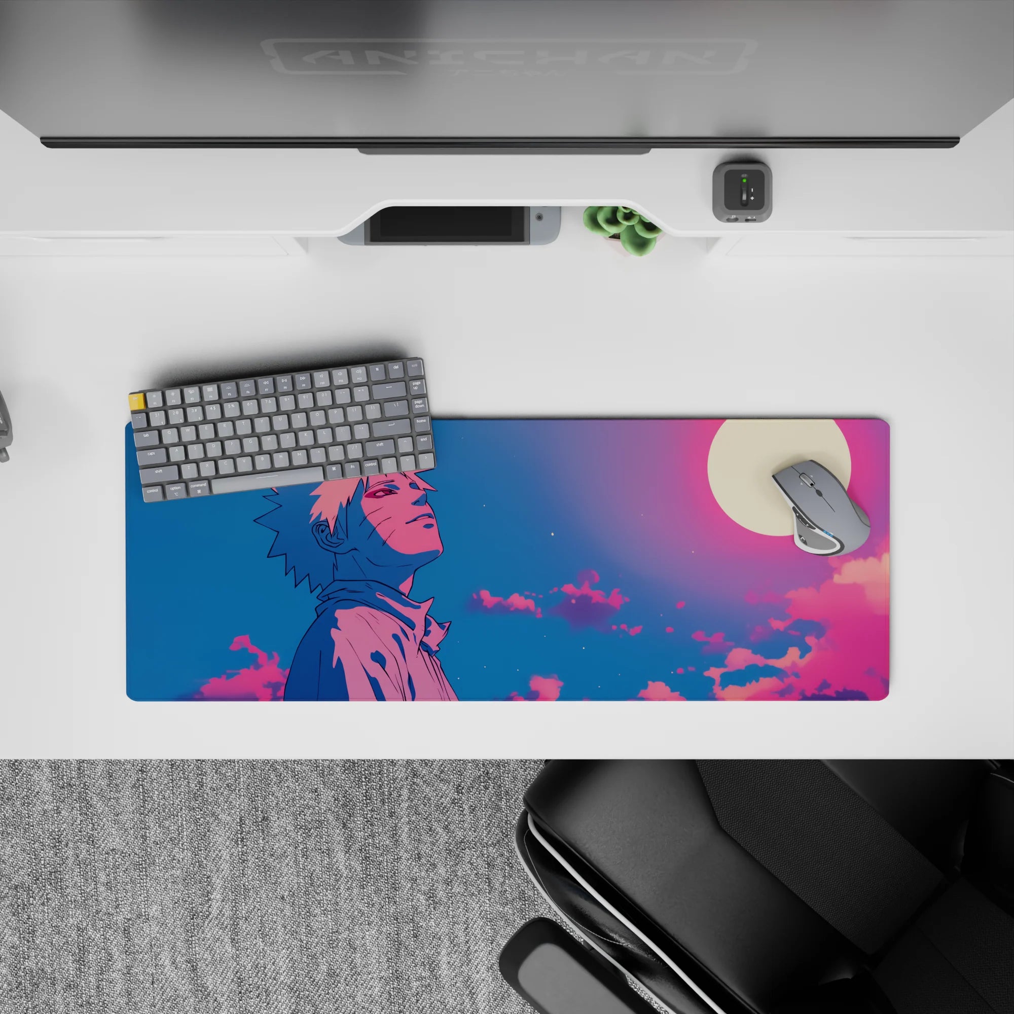 Anime mouse pad 32x12 inches featuring Naruto Uzumaki under a glowing moon with dreamy pink, violet, and deep blue skies.