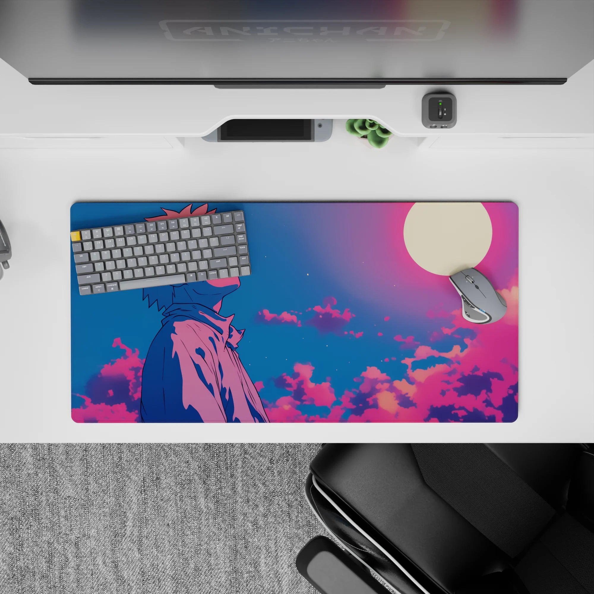 Naruto Uzumaki anime mouse pad, 32x16 inches, featuring dreamy skies and a glowing moon in pink, violet, and deep blue.