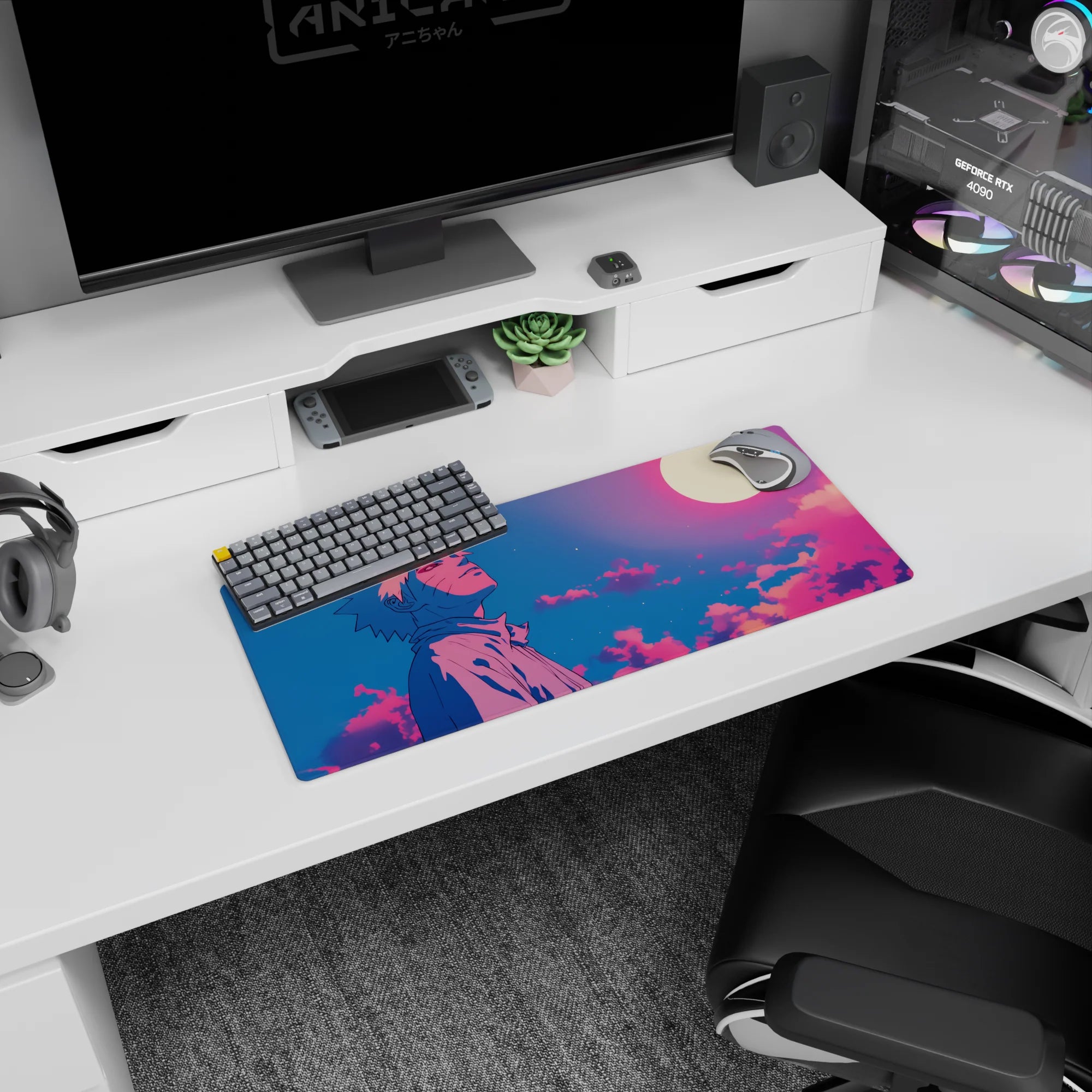 Anime mouse pad 28x12 inches featuring Naruto Uzumaki under a glowing moon with serene pink, violet, and deep blue hues.