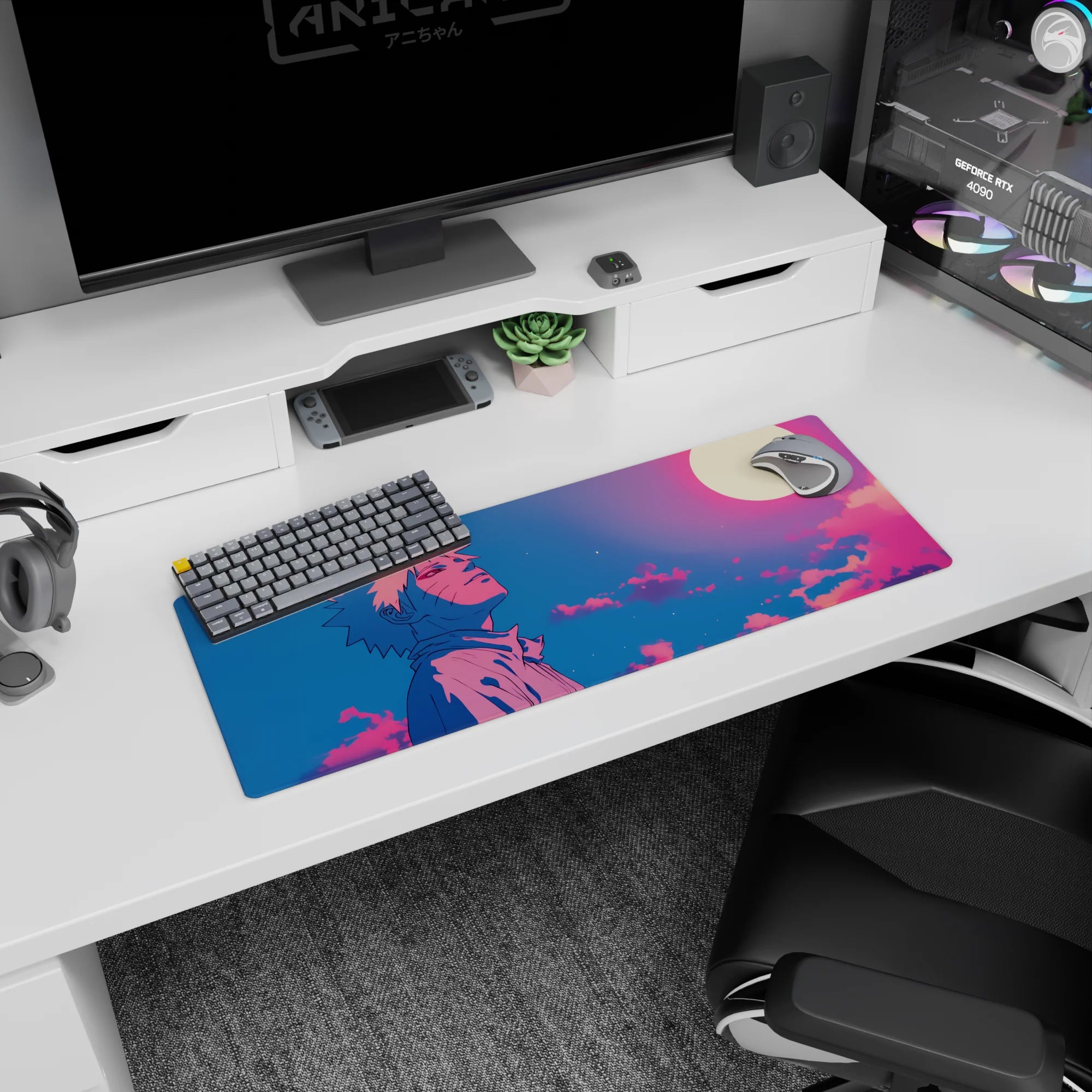 Anime mouse pad 32x12 inches featuring Naruto Uzumaki under a glowing moon with soft pink, violet, and blue gradients.