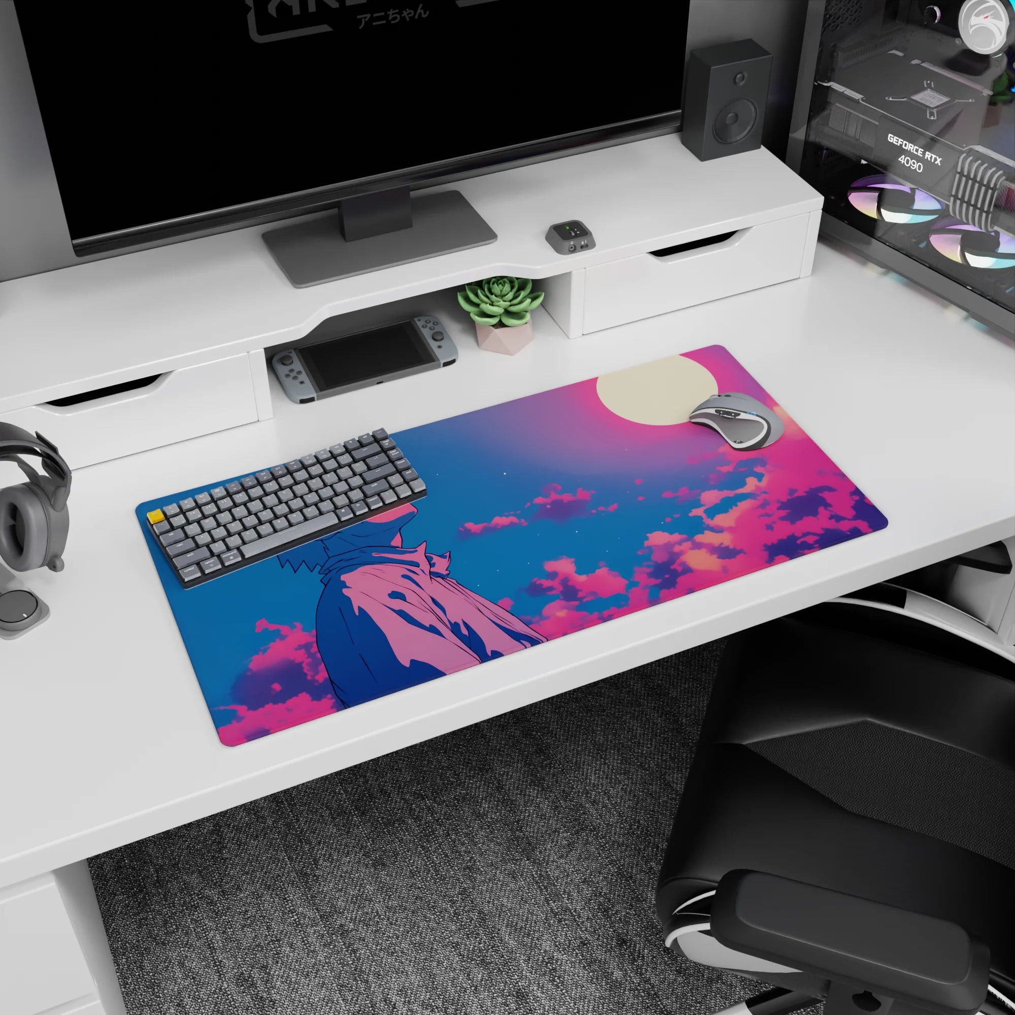 Anime mouse pad 32x16 inches featuring Naruto Uzumaki beneath a glowing moon with pink, violet, and deep blue gradients.