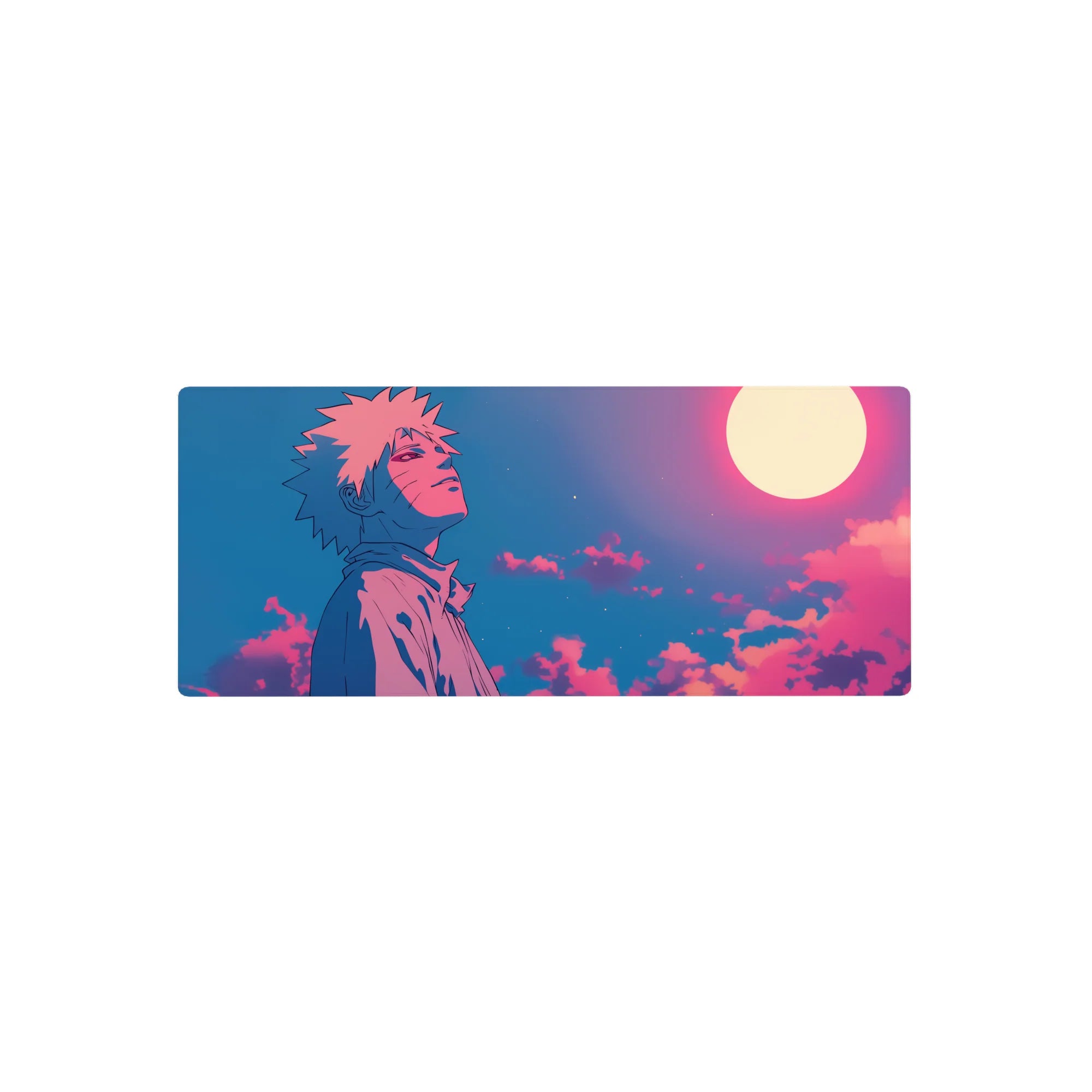 Anime mouse pad 28x12 inches featuring Naruto Uzumaki under a glowing moon with pink, violet, and blue gradients.