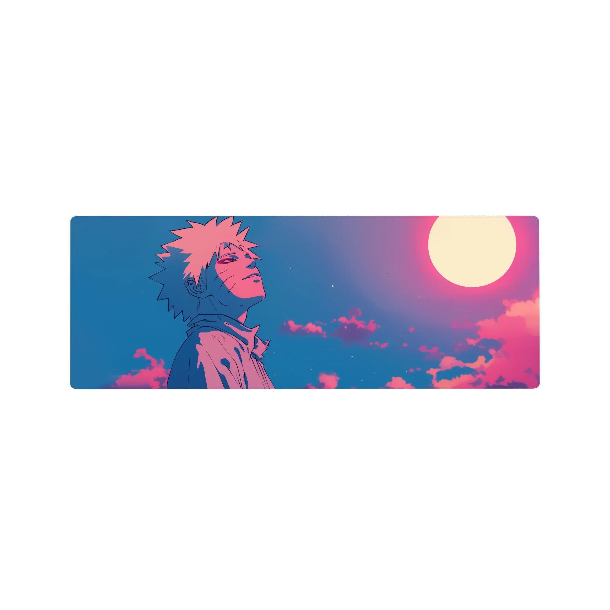 Anime mouse pad 32x12 inches featuring Naruto Uzumaki under a glowing moon with dreamy skies in pink, violet, and deep blue.