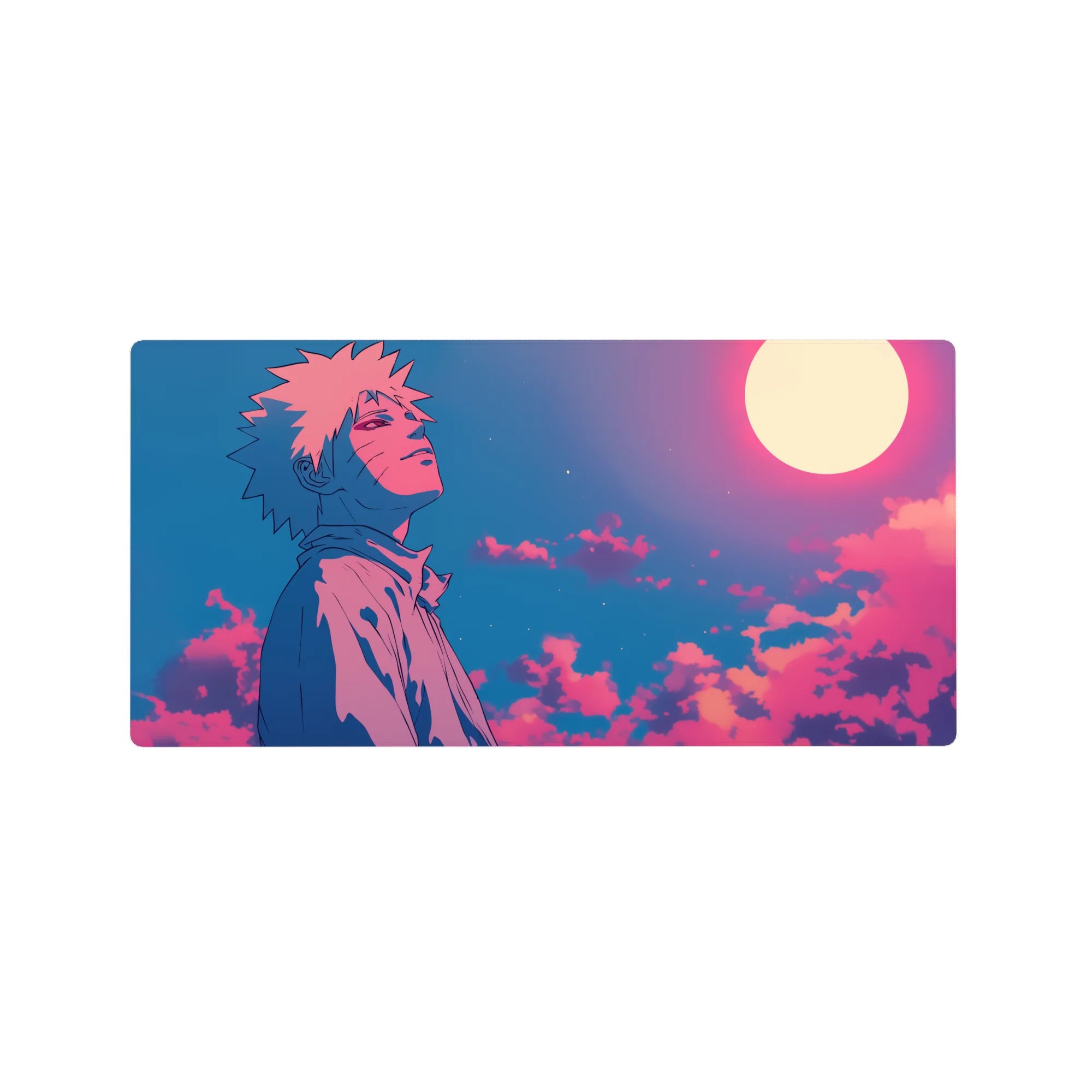 Anime mouse pad 32x16 inches featuring Naruto Uzumaki under a glowing moon with pink, violet, blue gradients, conveying hope.