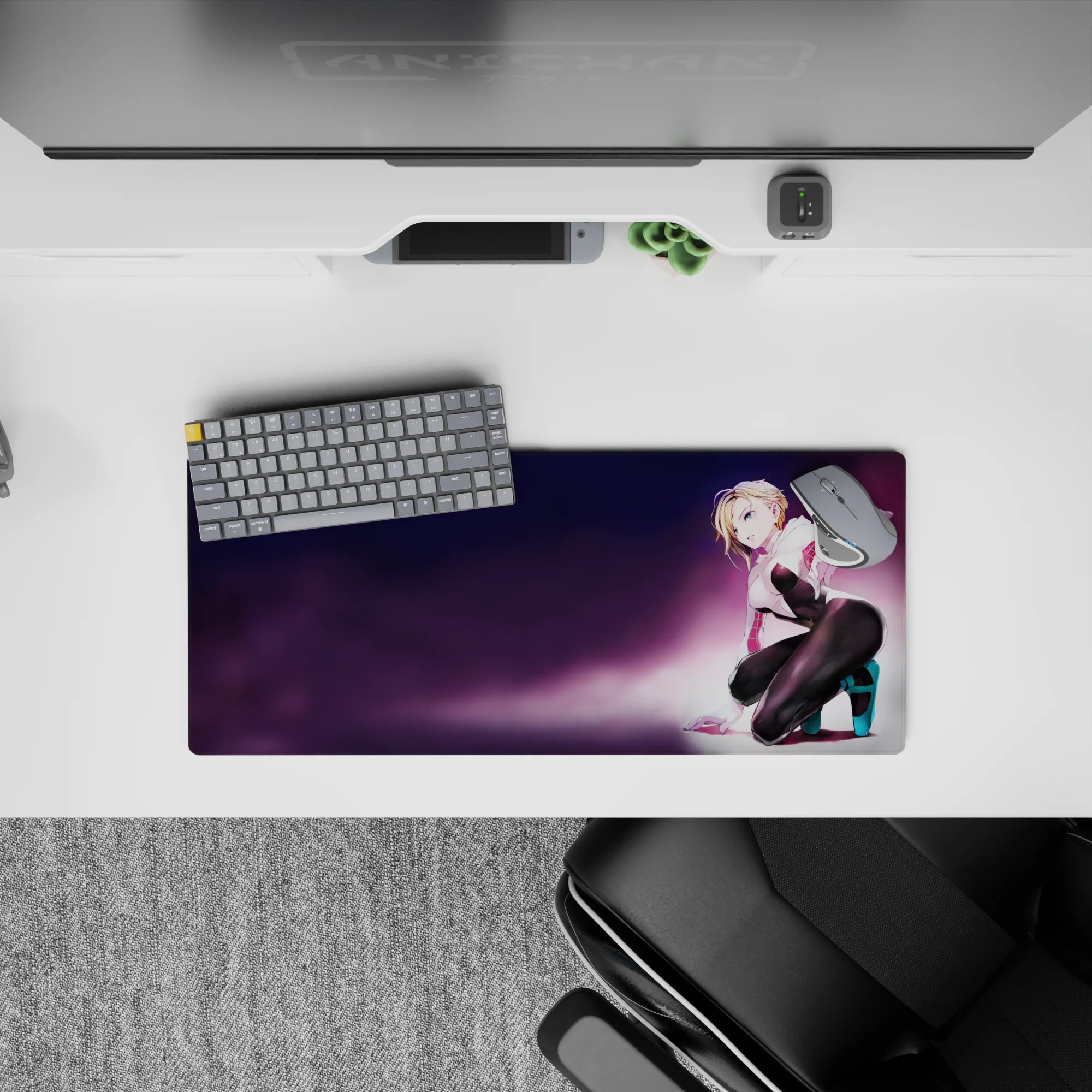 Neon purple haze anime girl mouse pad 28x12 inches with candy-pop pink accents and glossy black outfit.