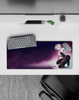 Neon purple haze anime girl mouse pad 28x12 inches with candy-pop pink accents and glossy black outfit.