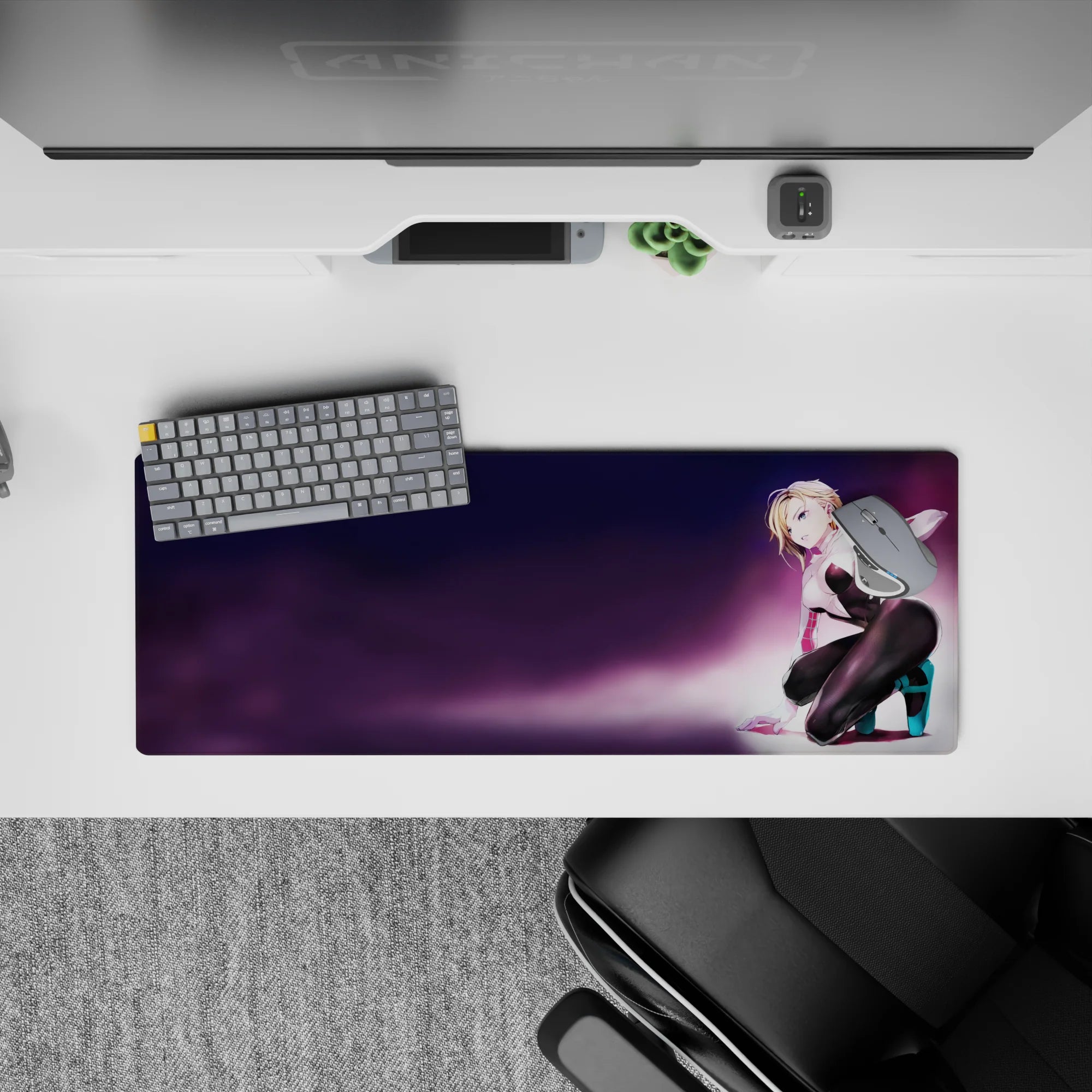 32x12 inches anime girl mouse pad in soft purple haze, neon-candy colors, flirty playful gaming vibe.