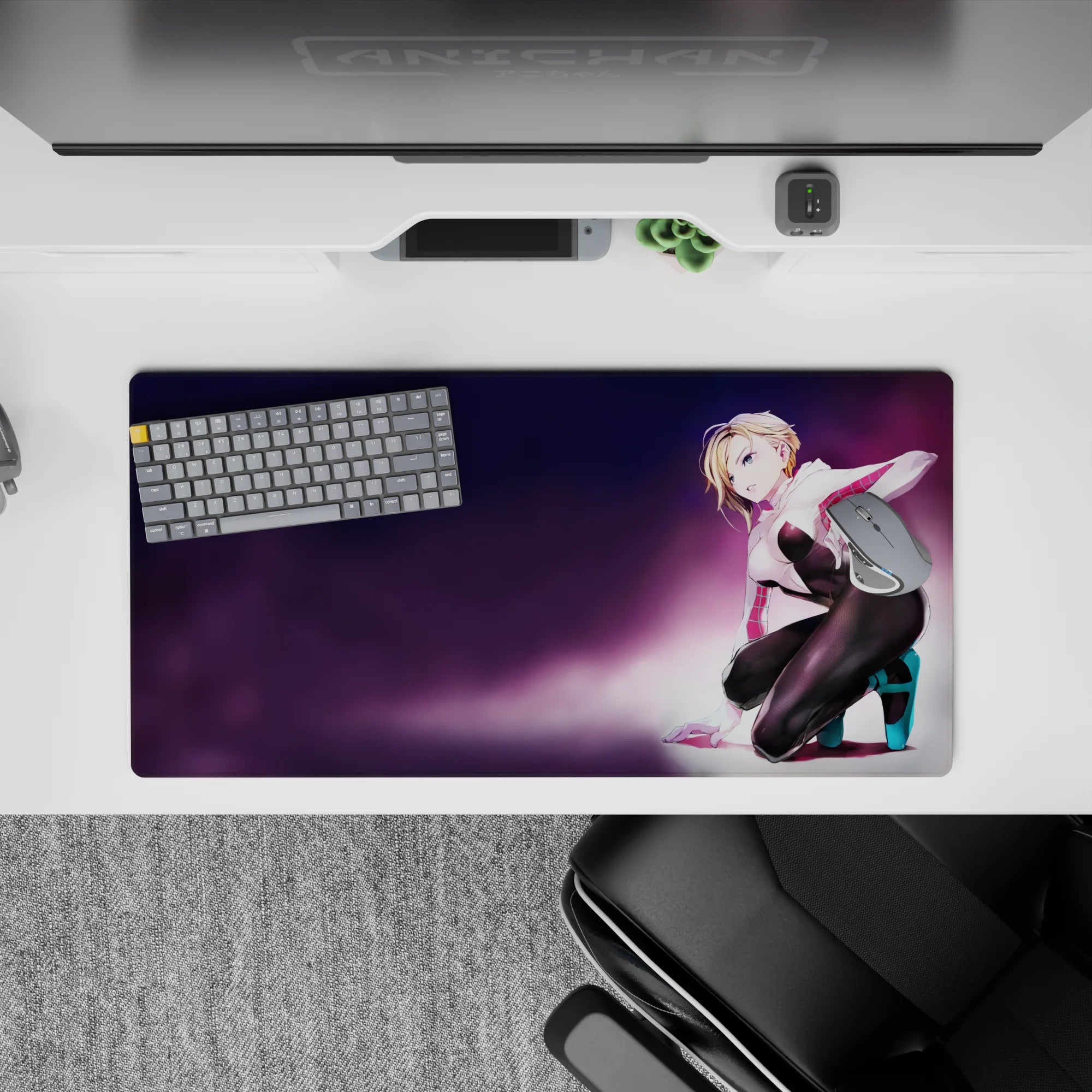 Purple haze anime girl mouse pad 32x16 inches, neon-candy palette with pink web accents and glossy black.