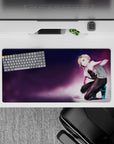 Purple haze anime girl mouse pad 32x16 inches, neon-candy palette with pink web accents and glossy black.