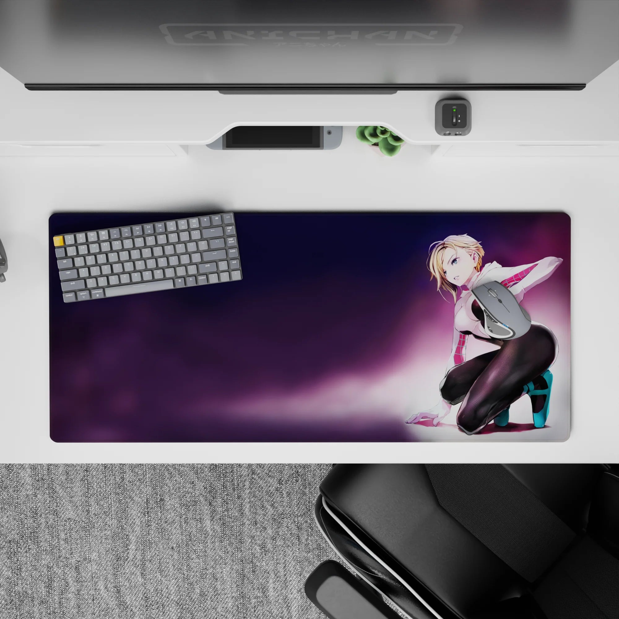 Purple haze 36x16 inches anime desk pad with neon candy colors, crisp print, playful flirty gaming vibe.