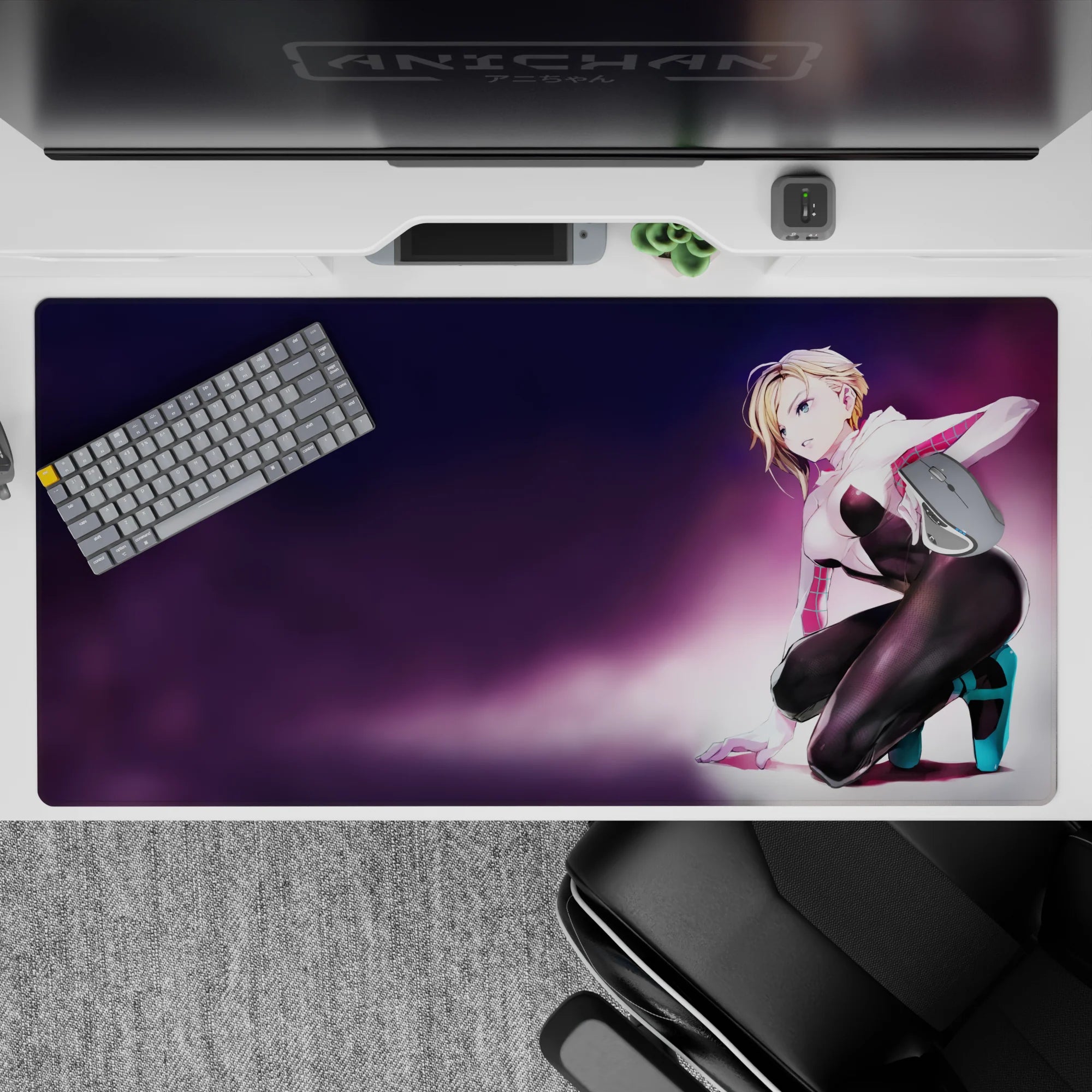 Purple haze neon desk pad 40x20 inches, candy-pink accents and flirty gaming vibe, crisp print.