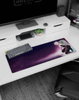 32x12 inches anime girl mouse pad featuring a confident blonde anime girl kneeling in a glossy bodysuit.