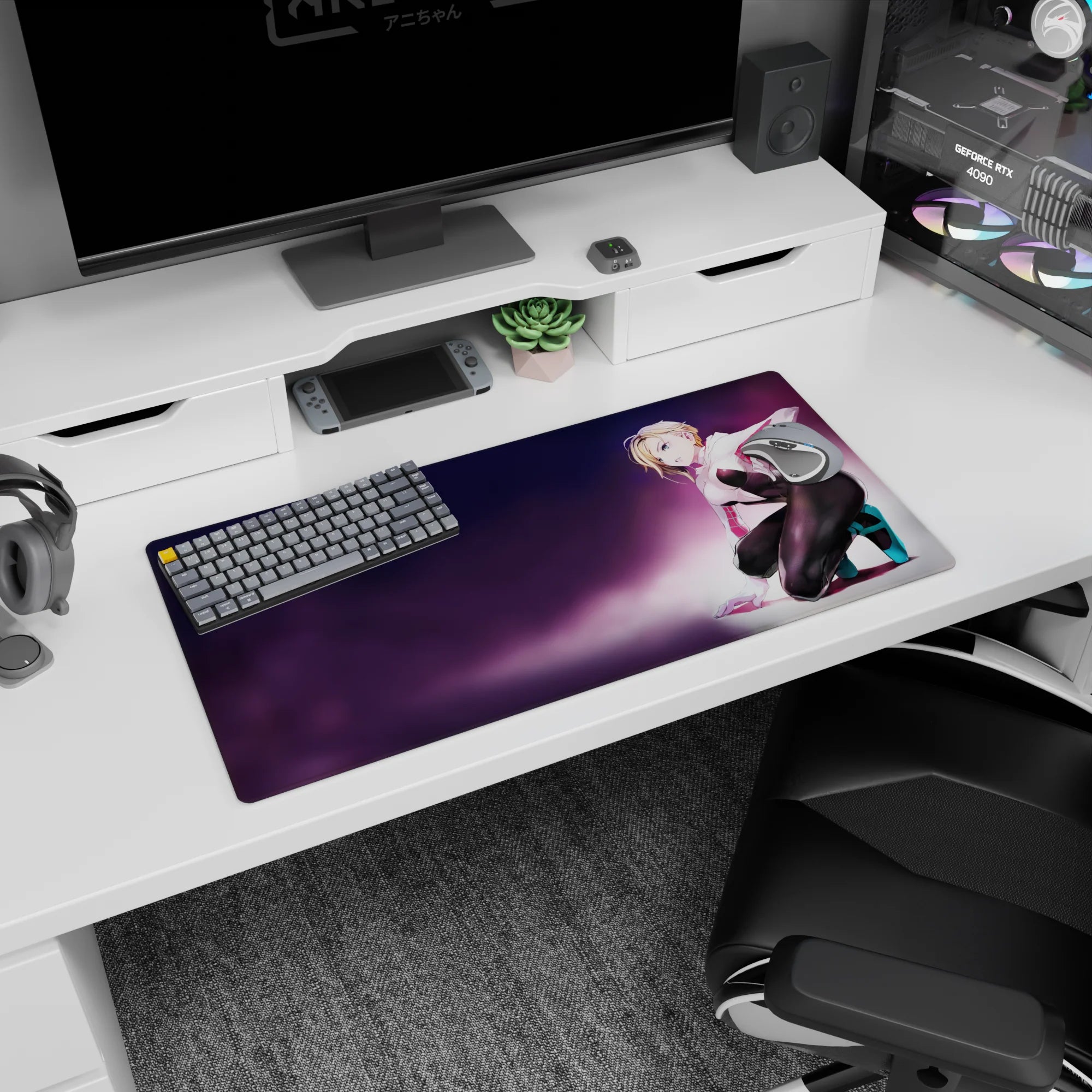 Playful blonde anime girl kneeling pose on mouse pad 32x16 inches, confident pin-up desk mat scene.