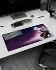 Playful blonde anime girl kneeling pose on mouse pad 32x16 inches, confident pin-up desk mat scene.