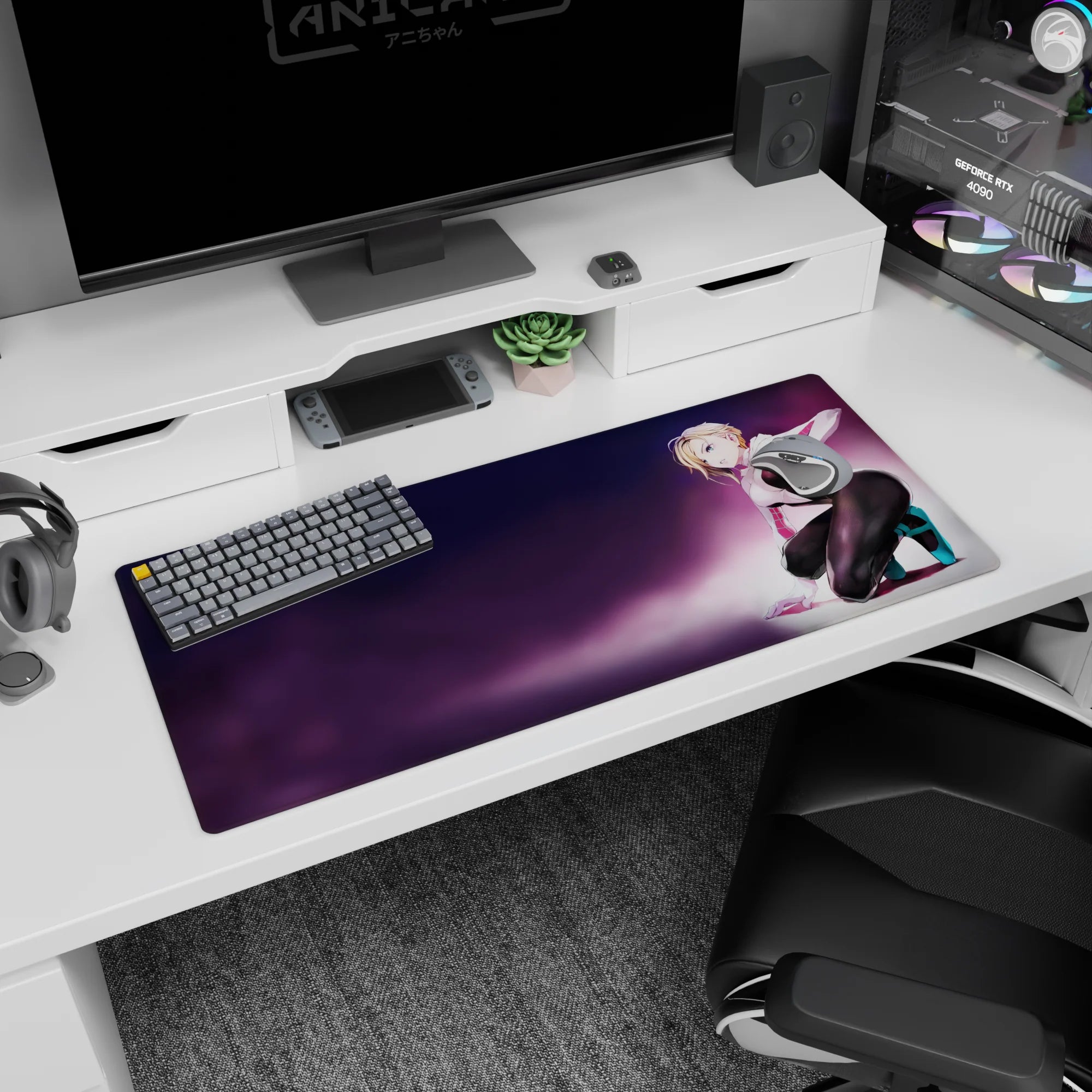 36x16 inches anime desk pad showing a confident blonde anime girl kneeling in a neon fog purple backdrop.