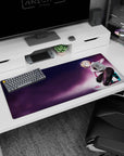 36x16 inches anime desk pad showing a confident blonde anime girl kneeling in a neon fog purple backdrop.
