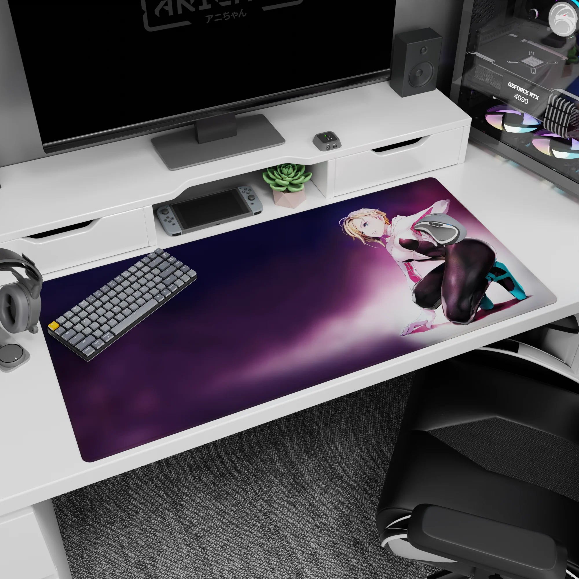 Blonde anime girl kneeling in neon fog on desk pad 40x20 inches, confident pose and web-style pinks.